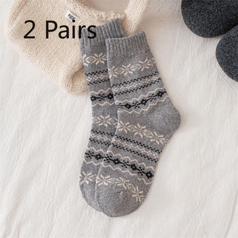 2 Pairs of Autumn-winter Retro Fair Isle Snowflake Wool Socks - Children's Mid-calf Socks, Thick and Warm, Versatile and Suitable for All Occasions.