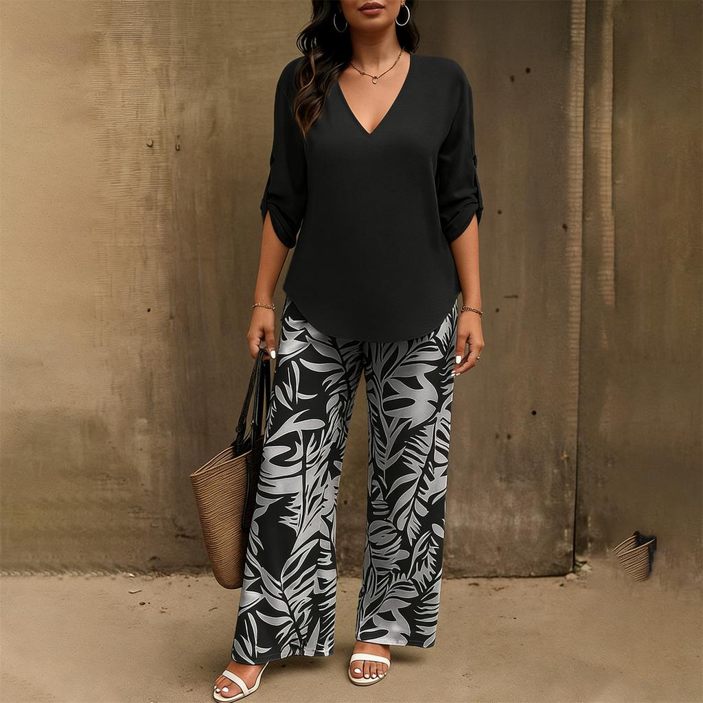 Damen 2-teiliges Mode-Freizeit-Set: Lockerer V-Ausschnitt-Top + Weit geschnittene Hose Loungewear