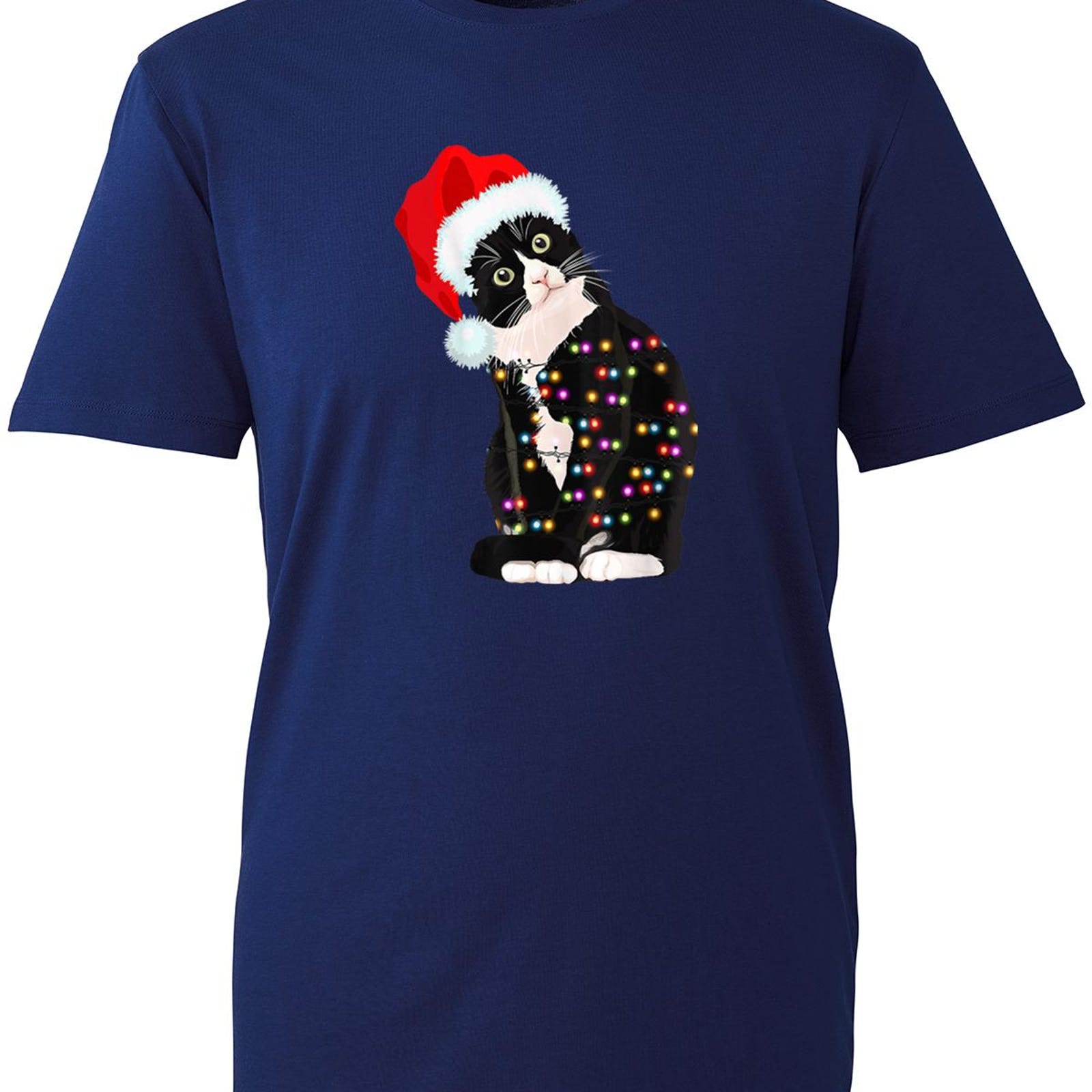 Christmas Cat T Shirt, Cute Black Cat in Santa Hat, Christmas Cats, Navy T-Shirt Unisex T-Shirt XXXXL