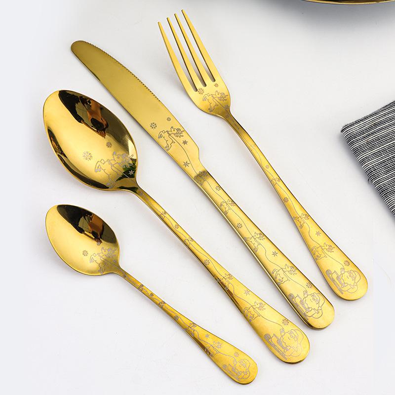 4pcs Stainless Steel Knife and Fork Spoon Set Christmas Elements Laser Handle for Home Picnic DIY Restaurant Gift