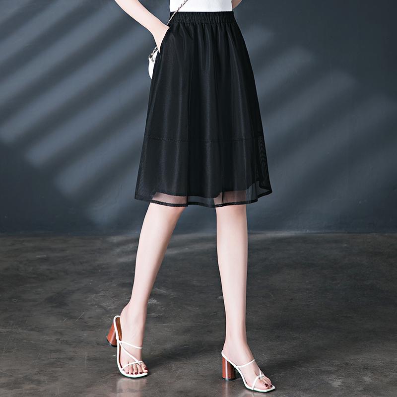 Brand Discount Women's High Waist Pleated Silk Midi Skirt with Puffy Mesh Overlay