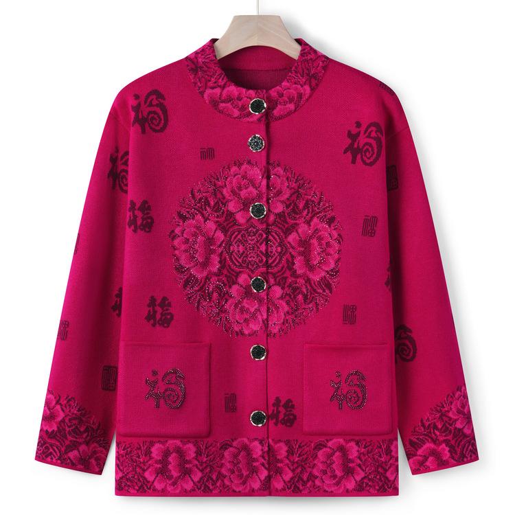 Grandma's Autumn New Tang Suit Sweater Jacket for Women, Middle-aged and Elderly Mothers Wear Autumn and Winter Cardigans for Blessing Letter Sweater