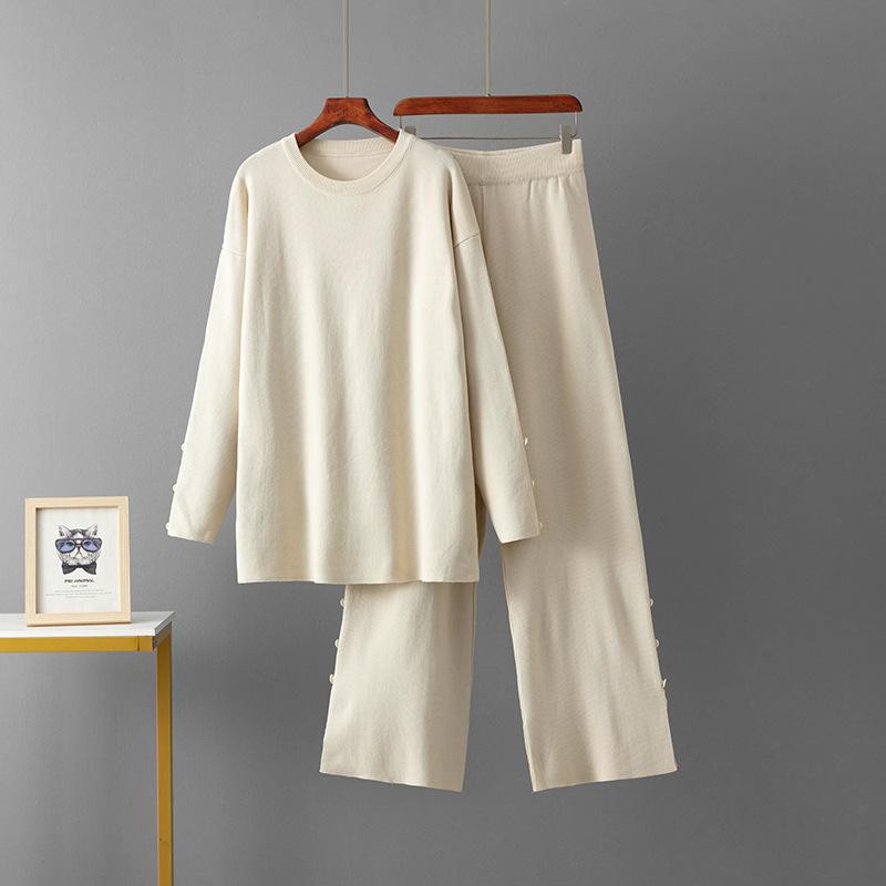 Solid Color Large Size Sweater Set Women's 2025 Autumn and Winter New Round Neck Loose Casual Two-piece Set