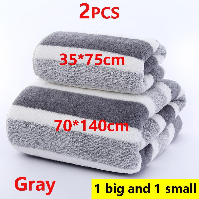 2PCS Bath Towel Striped Pattern Thickened Absorbent Towel Set Soft Face Towel for Home Bathroom Spa Quick Drying Microfiber