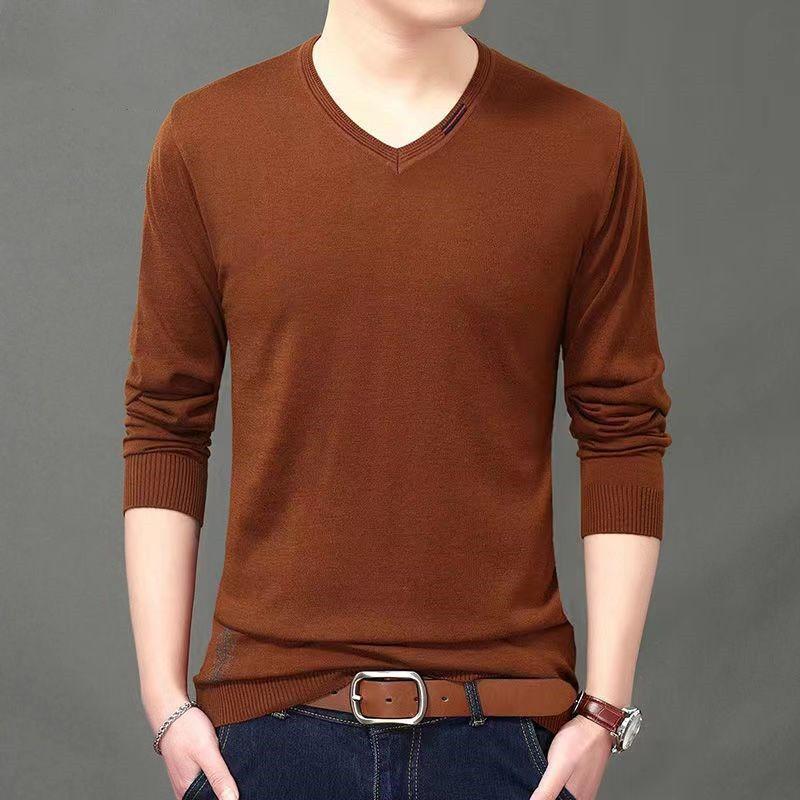 Middle-aged Young Autumn Men's Long-sleeved Thin V-neck Sweater Knitted T-shirt Casual Base Shirt