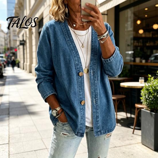 Talos Women's Button Front Faux Denim Jacket, V Neck Long Sleeve Casual Coat, Vintage Loose Fit Imitation Jeans Cardigan