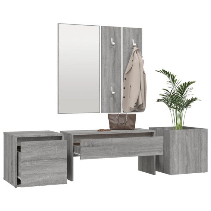 VidaXL Hallway Furniture Set Entry Bench Storage Box Vanity Mirror Coat Rack Sonoma Grey Wood 3120201