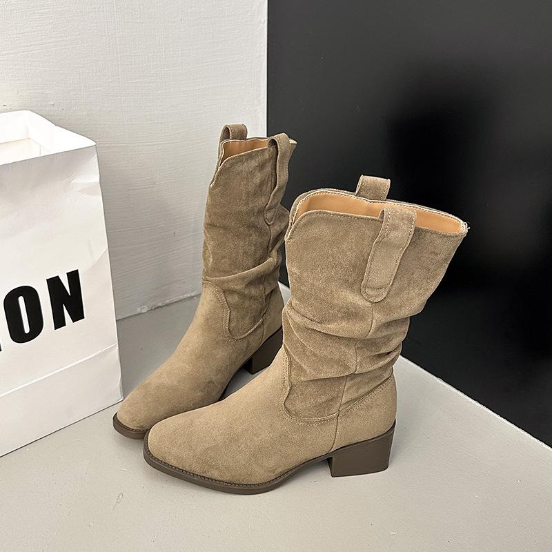 

Винтажные замшевые хаки полусапоги и ботфорты в стиле вестерн женские сапоги 2025 ранняя осень новинка толстый каблук острый носок ворсовые сапоги 39 хаки