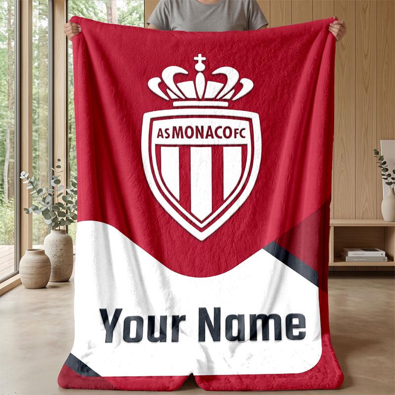 Monaco FC Custom Name Text Flannel Blanket Soccer Logo Personalized Fleece Throw Blanket Special Gift For Sofa Bedroom Home