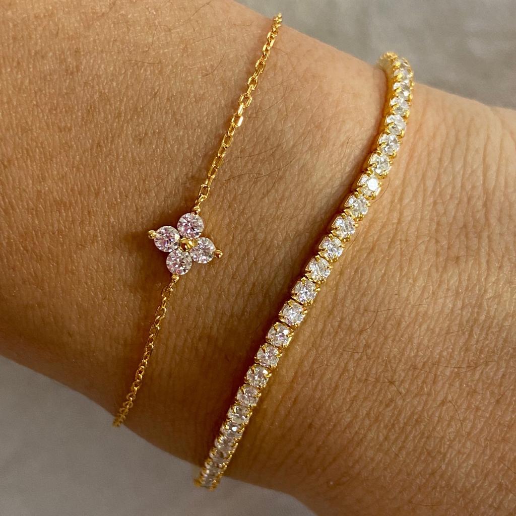 Delicate Sparkling Cubic Zirconia Flower Bracelet for Women Gold Plated Stackable Link Chain Bracelet Trendy Jewelry Accessories