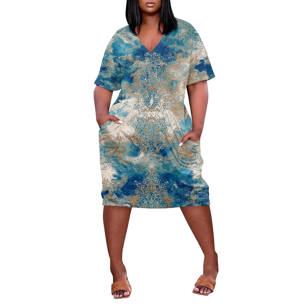 Letní nadměrné velikosti V výstřih krátký rukáv ke kolenům kapsa potisk ležérní šaty pro ženy