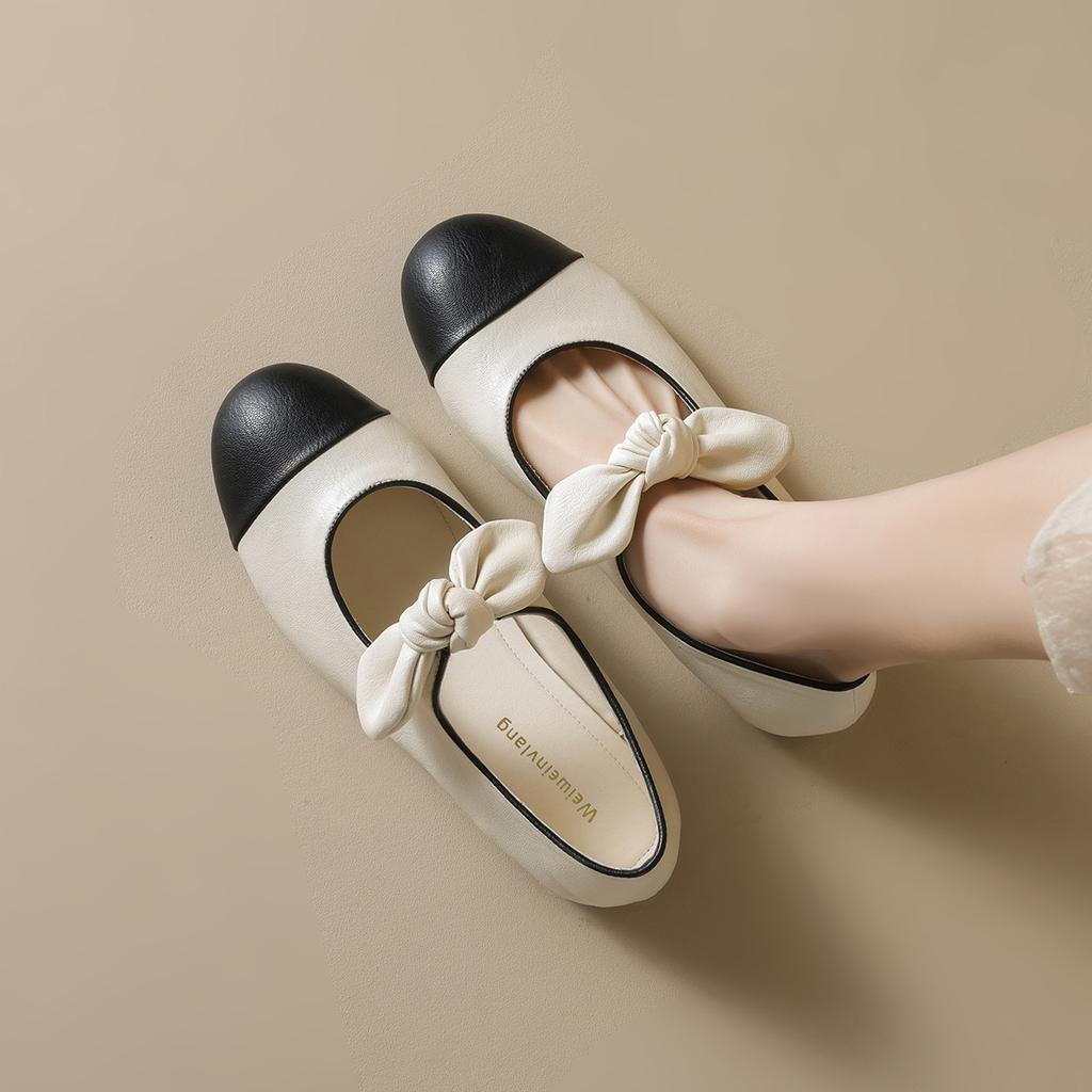 Weiwei Girl 6533-1 French Round Head Mary Jane Shoes Bow Black and White Color Matching Light Mouth Flat Sole Shoes Women