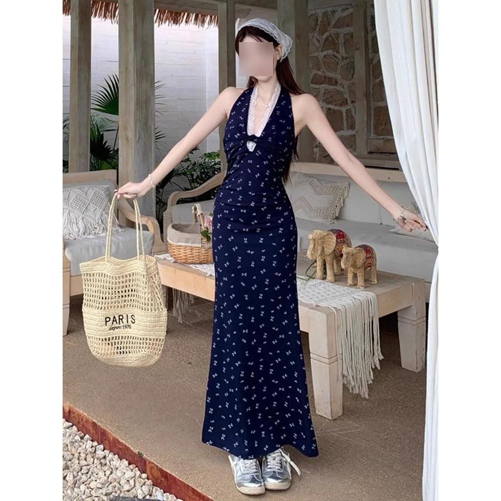 Taille schmal geschnitten Urlaub Hüftwickelkleid Schleife floral Spitze V-Ausschnitt Hals Kleid Damen Sommer