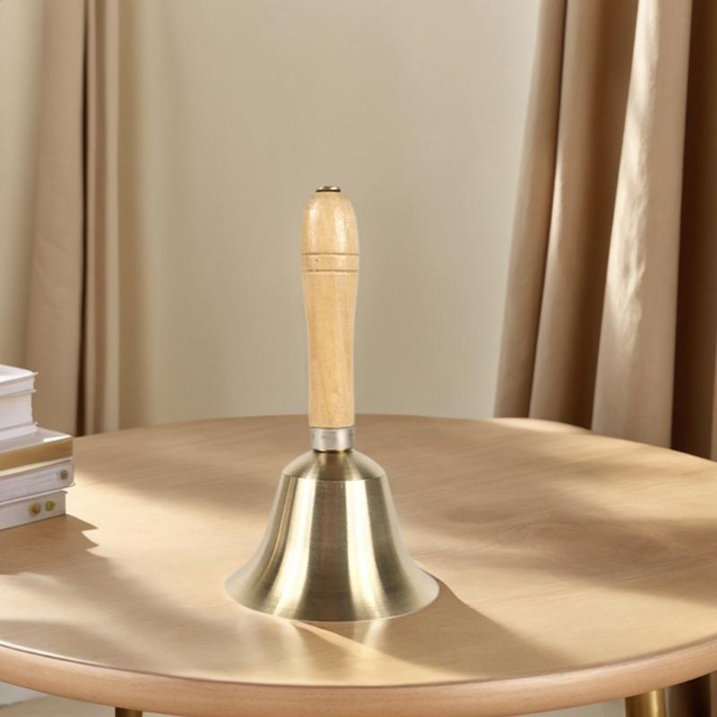 8CM Brass Hand Bell with Wooden Handle Dinner Service Bell Loud Ringing Bell for School Classroom, Service and Game