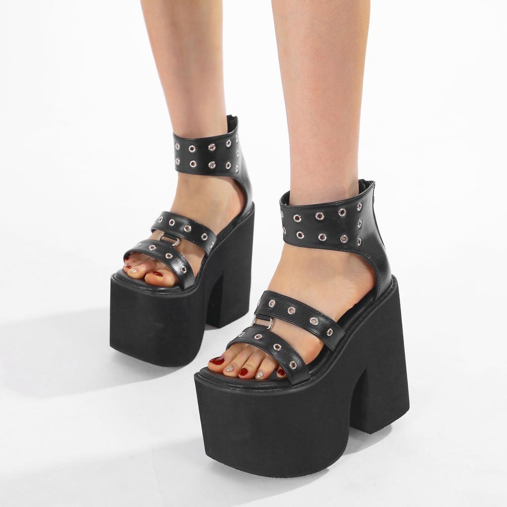 Gdgydh Black Punk Gothic Platform Sandals Open Toe Buckle Strappy Sexy Rivets Thick Heels Footwear Summer Shoes for Women