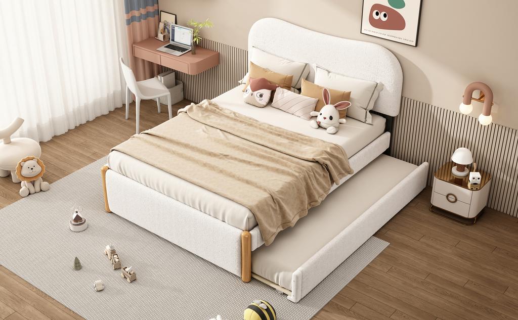 140*200Cm flat bed, upholstered, with practical pull-out rolling bed, minimalist design, white