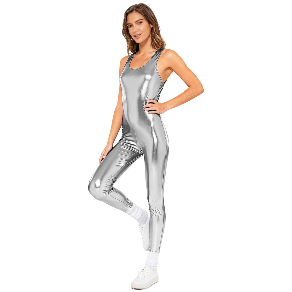 Combinaison-pantalon sans manches irisée métallique pour femme, col rond, fermeture éclair cachée au dos, Leggings Bodysuit Combinaison de Danse
