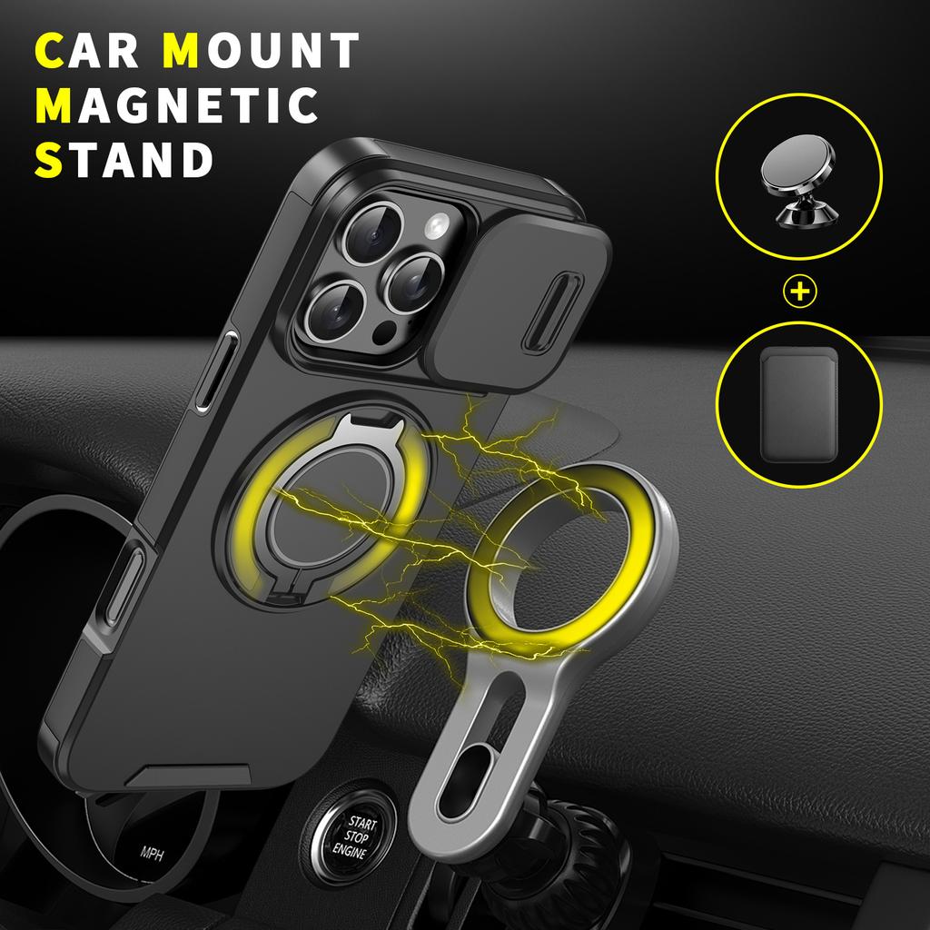 For iPhone 16 Pro Magnetic Phone Case Slide Lens Cover Ring Kickstand TPU+PC Phone Shell