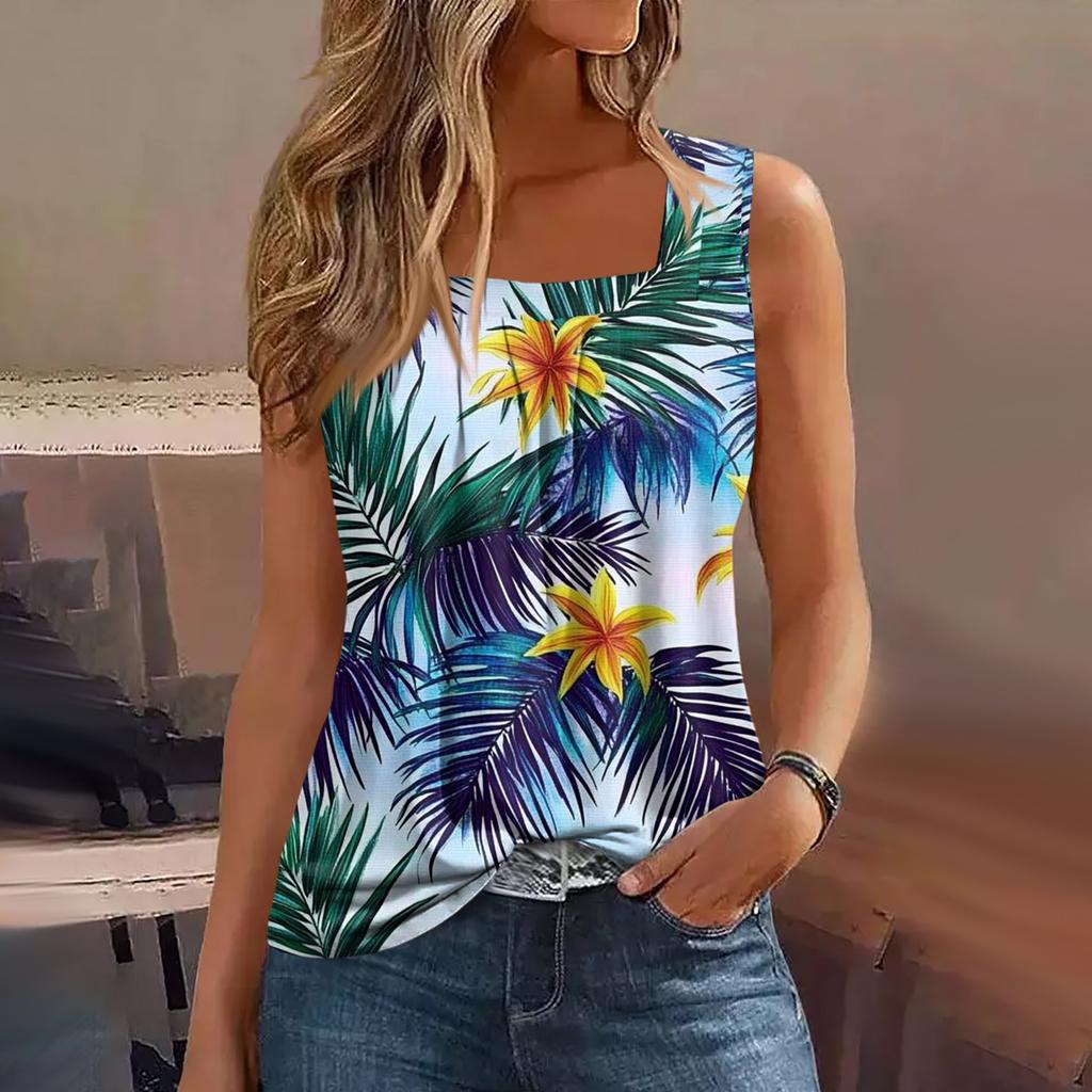 Damen Sommer Casual Plissee Quadratischer Ausschnitt Ärmelloses Tank Top Bedrucktes T-Shirt