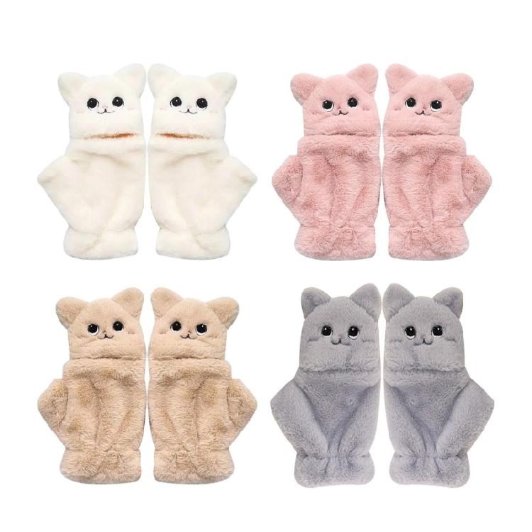 Women Winter Flip Gloves Convertible Mittens Thick Cat Plush Half Finger Gloves with Cover Flip Half Finger Gloves