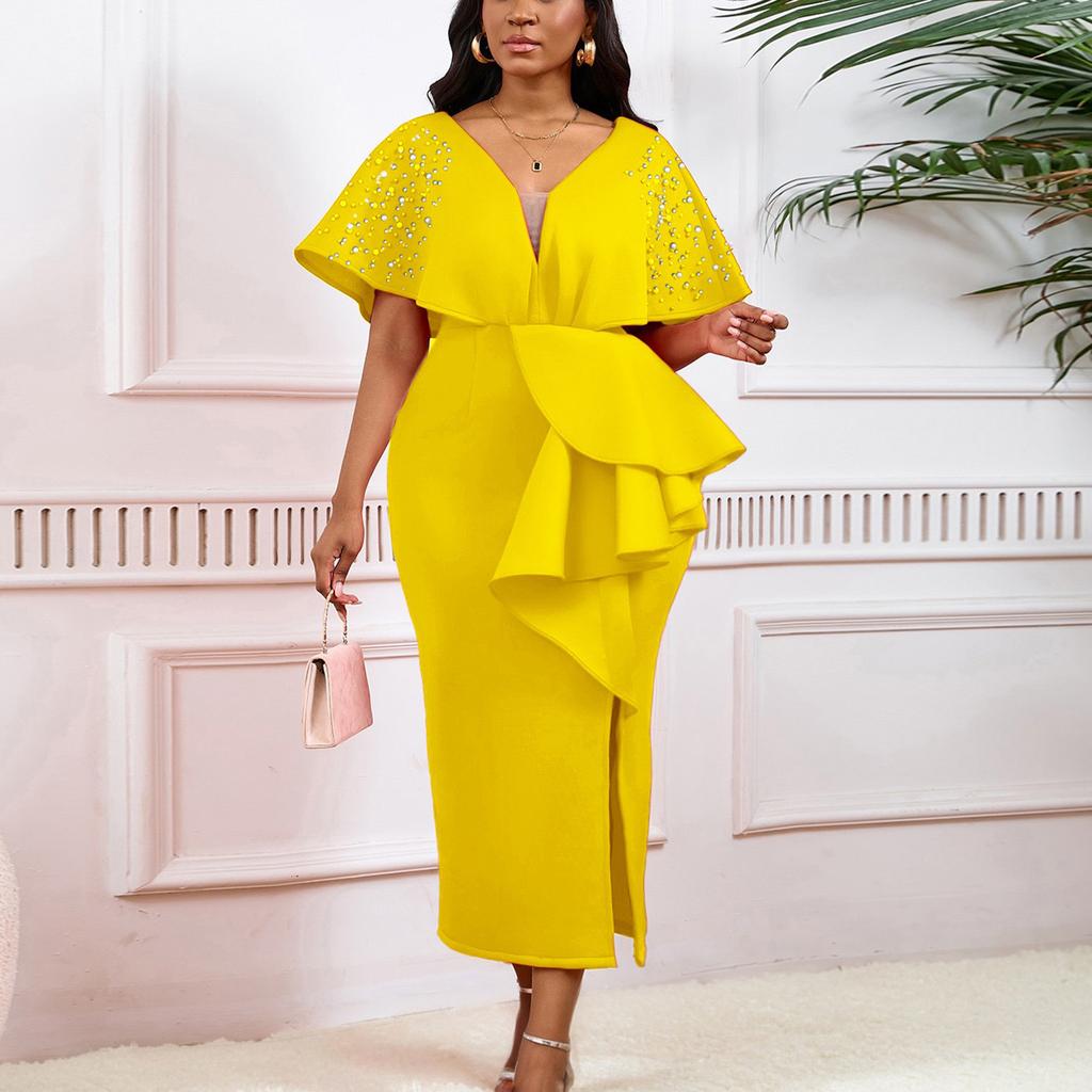 Elegant V Neck Dresses Women Summer Short Sleeve Ruffles Split Ankle Length Beaded Luxury Female Party Dress