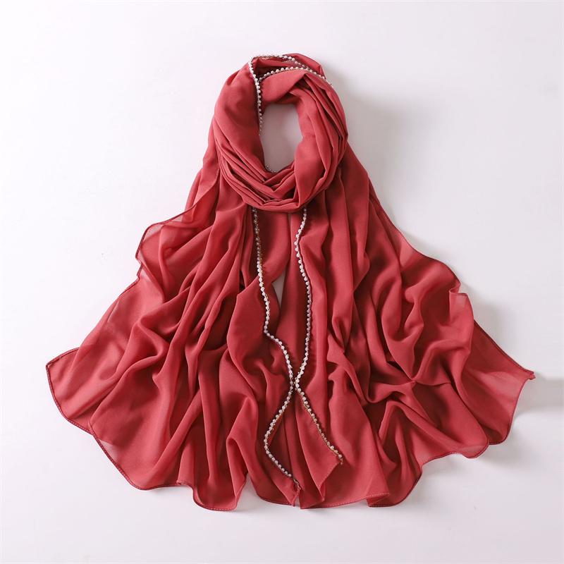 Luxury  Pearl Chain Bubble Chiffon Hijab Veil Ramadan Long Necklace Scarf Shawl Headscarf Bufandas Muslim Headband 175*70Cm