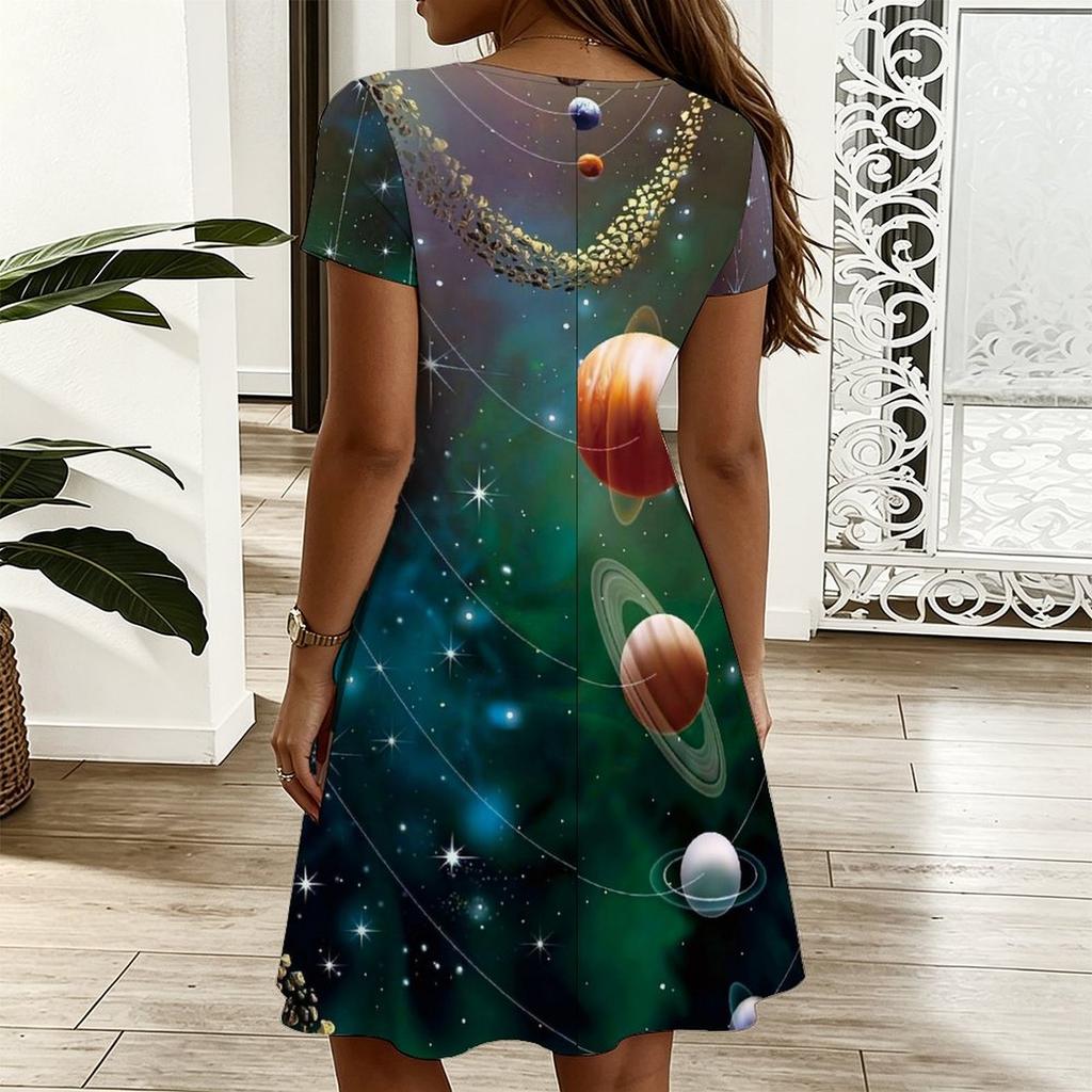 Womens Plus Size V Neck Short Sleeve Dress Geometric Printed Loose Dress For Daily And Vacation Wear
