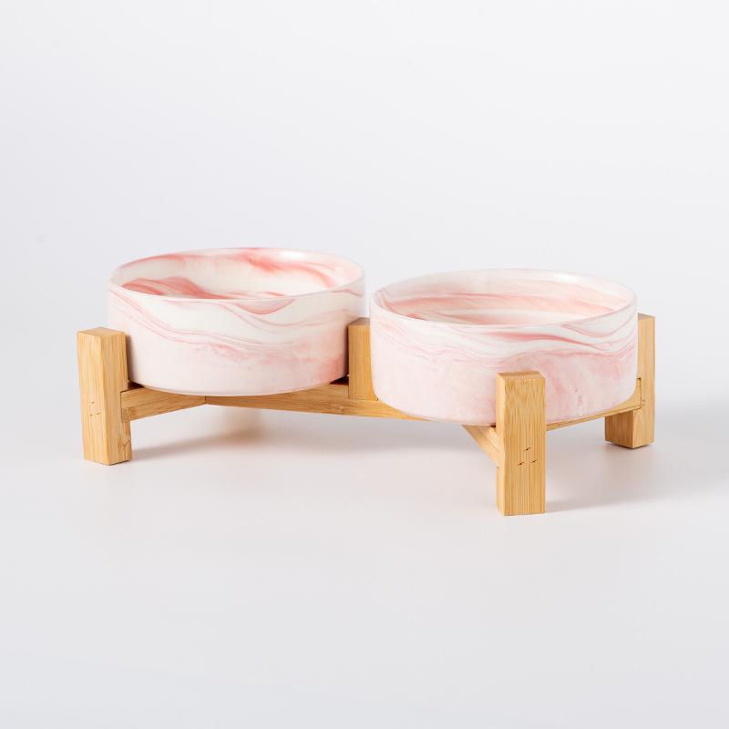 Ceramic Pet Food Bowl with Elevated Bamboo Stand - Anti-Tip Design for Dogs and Cats, Protects Cervical Spine