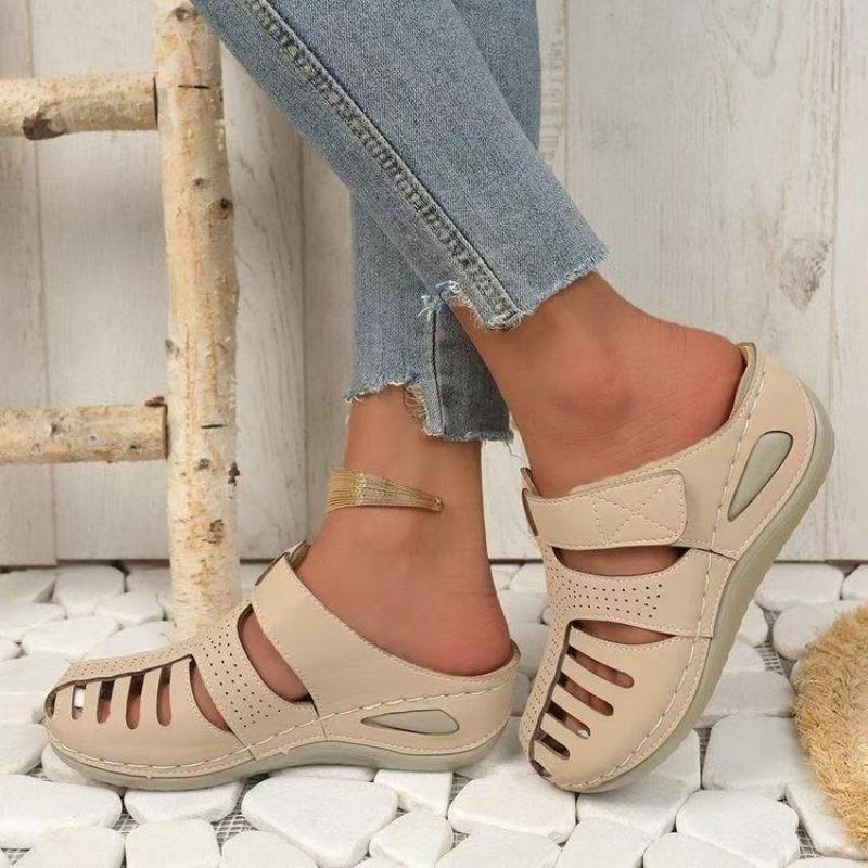 Wind bag head sports sandals women's hollow middle heel wedge sewing line large size Velcro slippers
