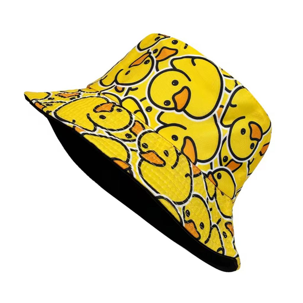 1PC Fashionable Full-Print Duck Casual Bucket Hat Cartoon Print Pattern Bucket Hat Reversible Foldable Lightweight Flat-Top Hat