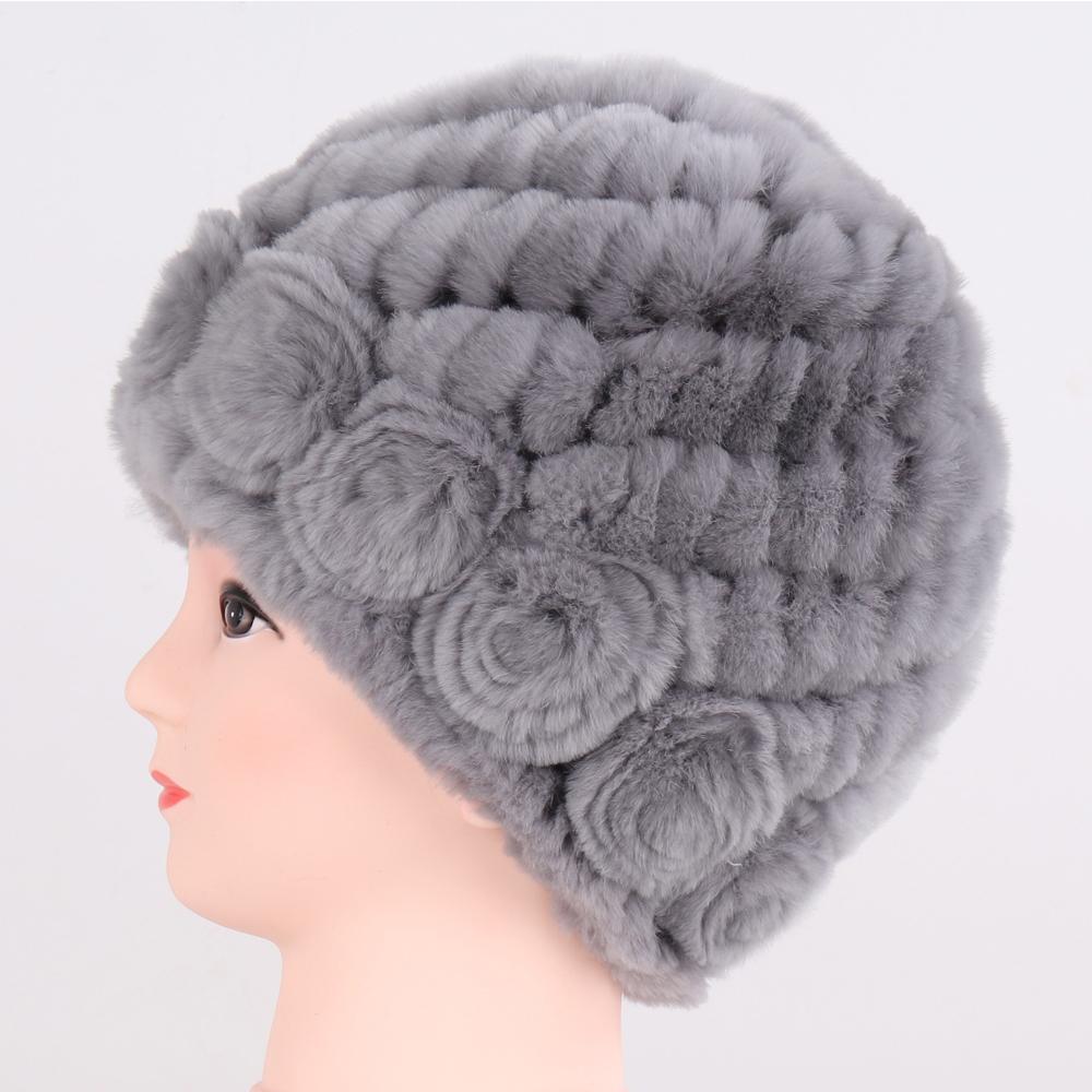 Hot Sale Winter Women Flower Striped Natural Real Fur Hats Lady Warm Knit Genuine Rex Rabbit Fur Caps Outdoor Fur Beanies Hats