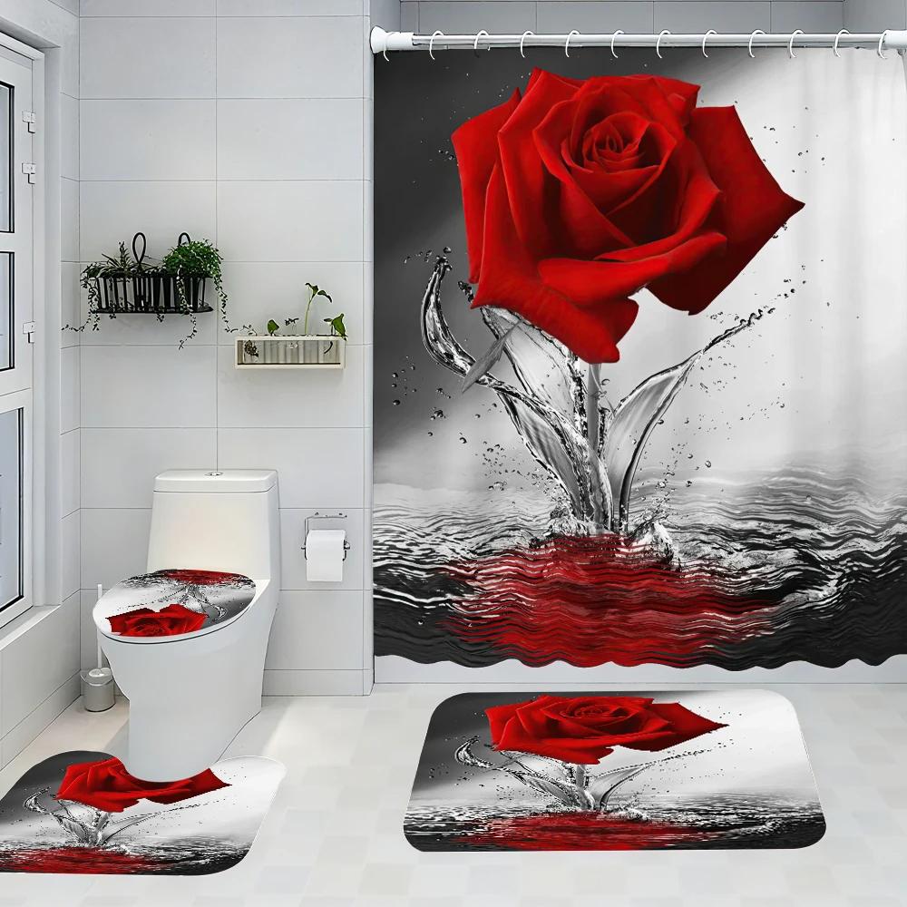 Red Rose Bathroom Four-piece Set - Avant-garde Waterproof Shower Curtain, creating a complete bathroom kit