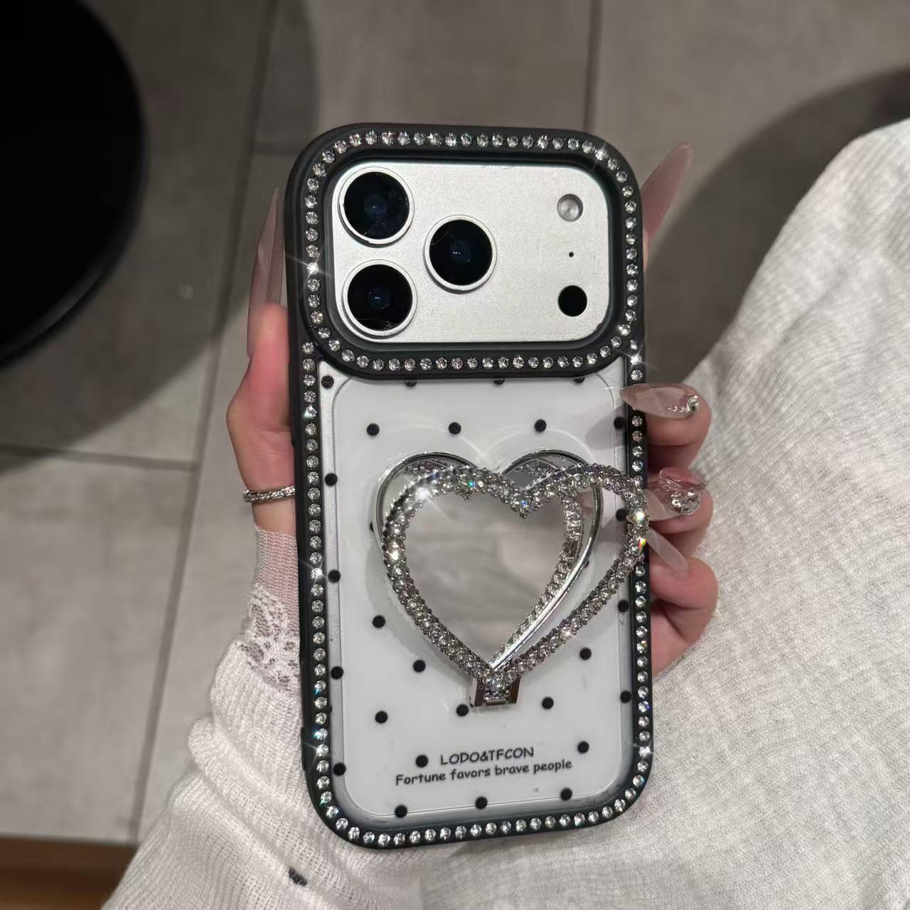 

Double-Sided Rhinestone Heart Makeup Mirror for iPhone 16 Promax Case and Apple 14/11/12 Drop-Proof Protection. iPhone 13 Pro Max