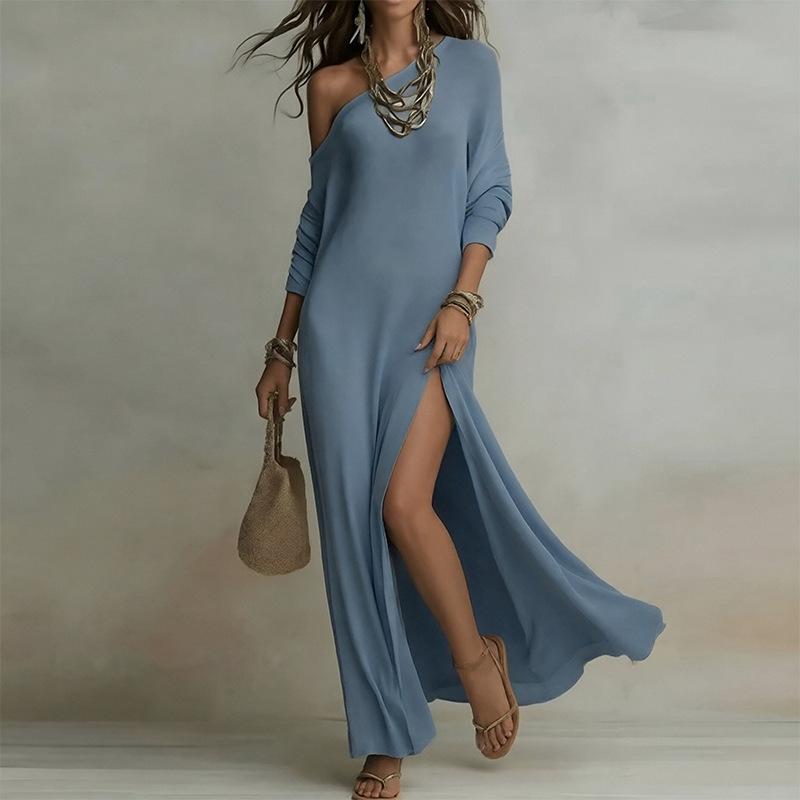 Rochie Elegantă Decolteu Bardot cu Mâneci Lungi pentru Petrecere Femei Primăvară Vară Rochii Casual Monocrome, Rochii Sexy pentru Doamne cu Decupaj Înalt