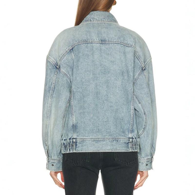 Womens Distressed Washed Denim Jacket Relaxed Fit With Cinched Waist Zipper Front Long Sleeve Casual Outerwear