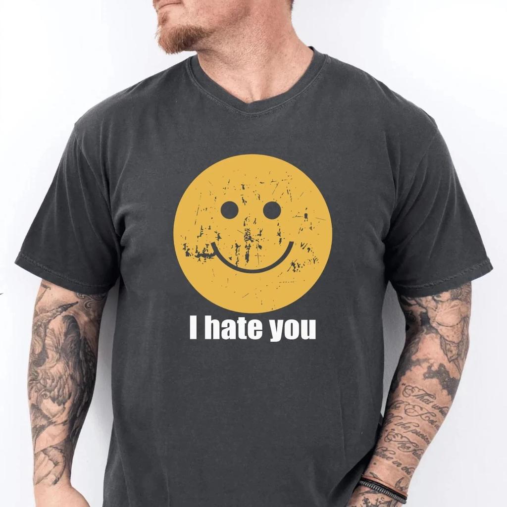 CALDO! Ti Odio Faccina Sorridente Maglietta Sarcastica Divertente Grafica Tee Lavaggio Retro Nero