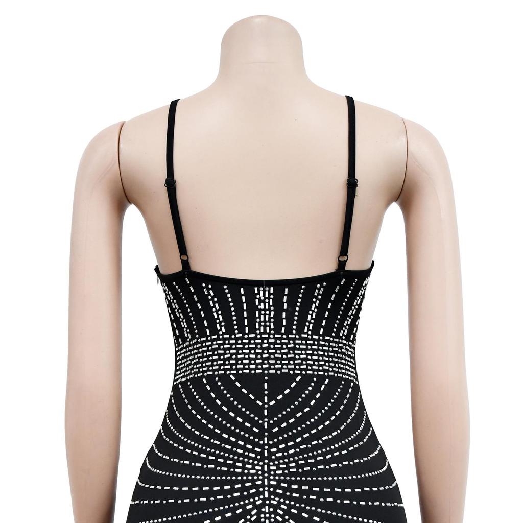 European and American Fashion Women's Sleeveless Rhinestone Spaghetti Strap Backless Long Dress