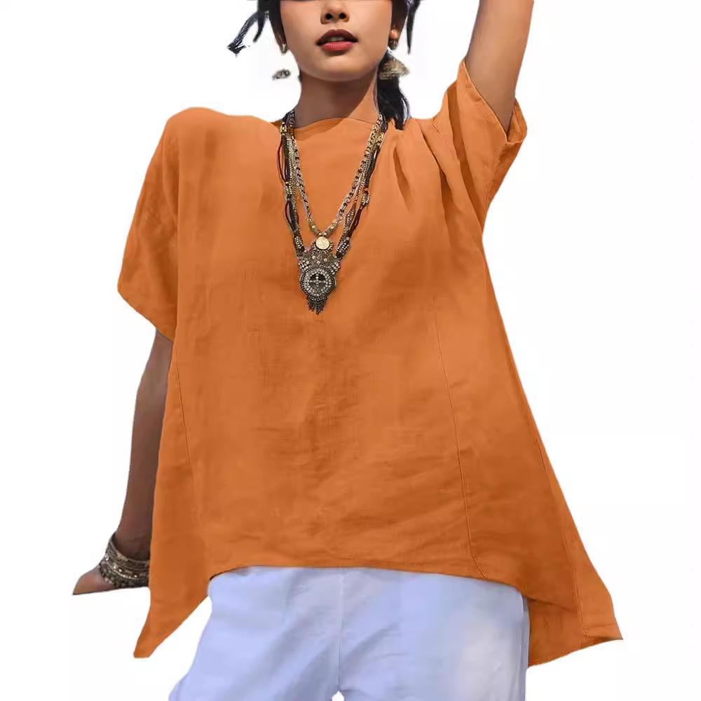 2024 Damen Frühling/Sommer Einfarbig Baumwolle-Leinen Locker Rundhals Shirt mit Unregelmäßigem Saum und Kurzen Ärmeln.