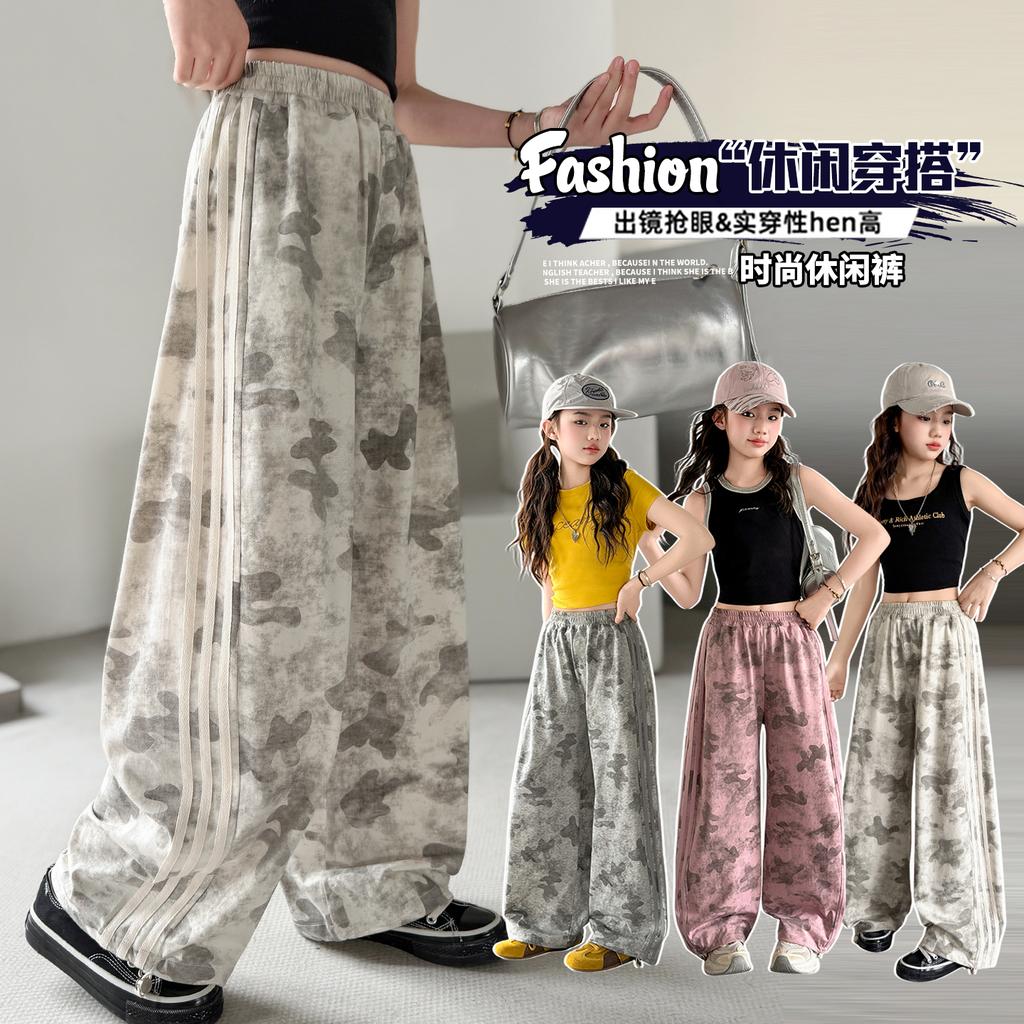 Girls' summer thin pants, girls' Korean version wide leg pants, children's sports pants, girls' summer camouflage casual pants