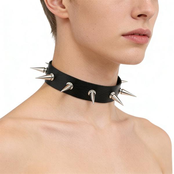 Unisex European Punk Black Leather Choker with Metal Chain and Lock Pendant.