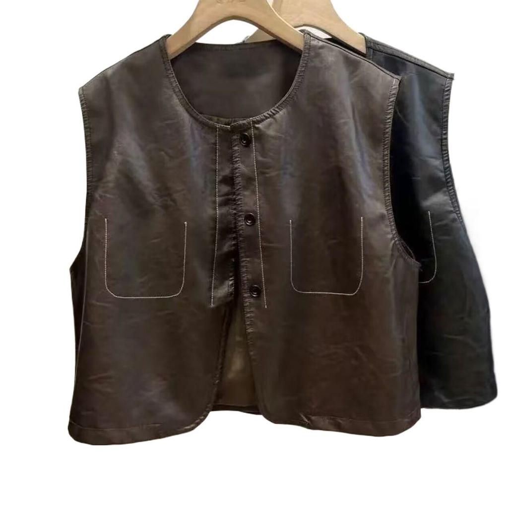 European Chic PU Leather Round Neck Single-Breasted Vest - Women's Spring/Fall Sleeveless Jacket