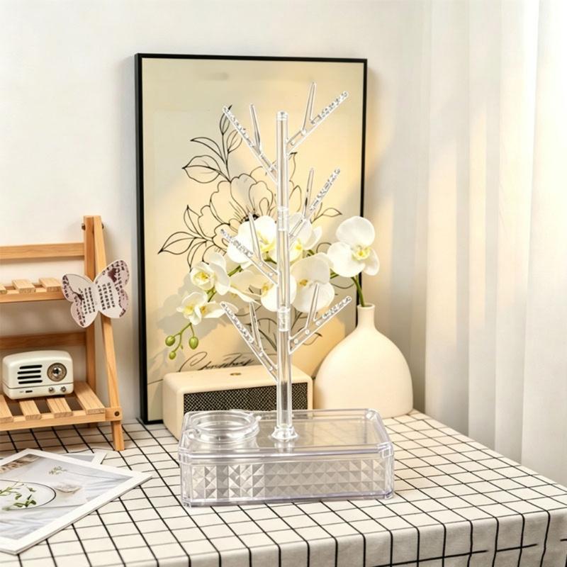 Tree Jewelry Stand for Dresser Storage with Rotating Branch Display and Bottom Tray, Daily Necklace Bracelet Holder