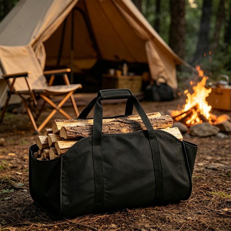 Folding Firewood Bag with a Broad Opening and Reinforced Handles for Hearth, Fire Pit, Camping, and Cabin Wood Transport