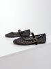 Women's Black Square Toe Ballet Mary Jane Flats with Cross Pattern Embroidery Detail and Black Buckle Strap