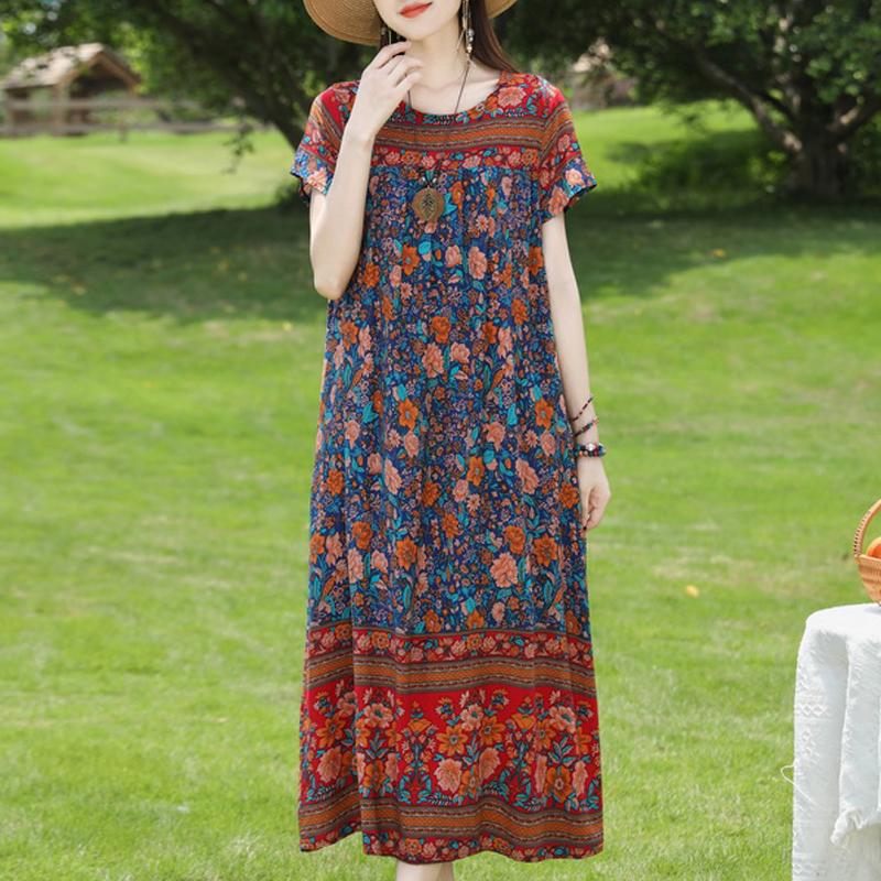Damen Plus Size Boho-Print Maxikleid, Kurzarm Freizeit-Sonnenkleid (XL-5XL)