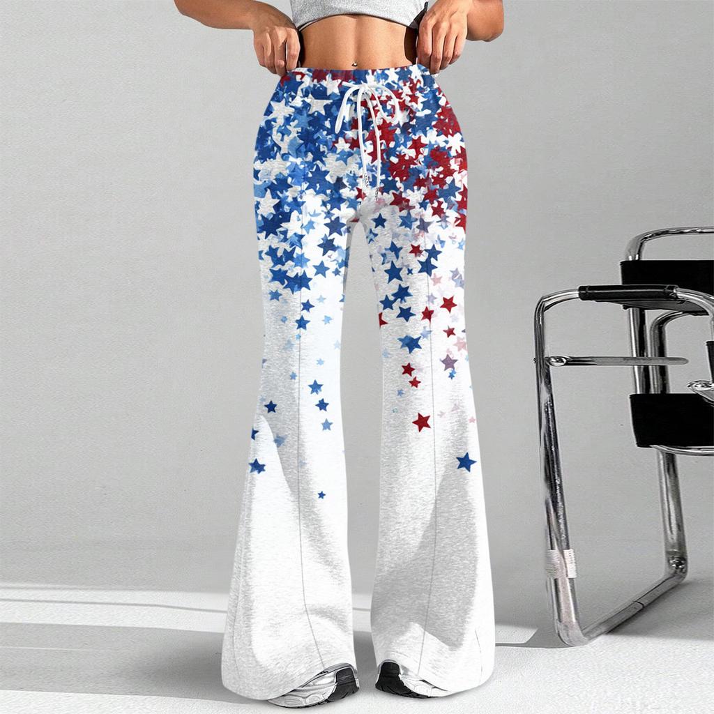 Women's Fashion Loose Drawstring Tight Waist Independence Day Printed Casual Sports Pants Casual Flared Pants