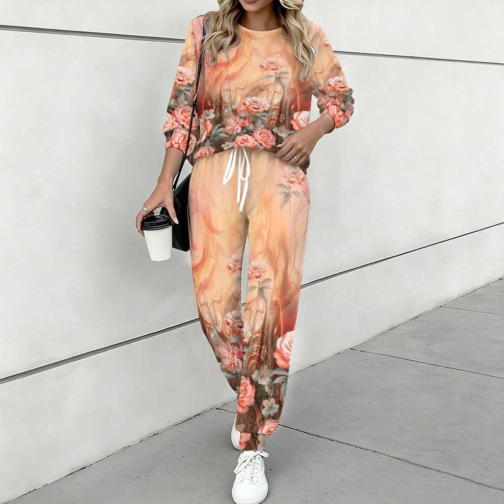 Women Floral Print Two Piece Outfit, Long Sleeve Crew Neck Top & Drawstring Jogger Pants Casual Tracksuit for Spring Autumn