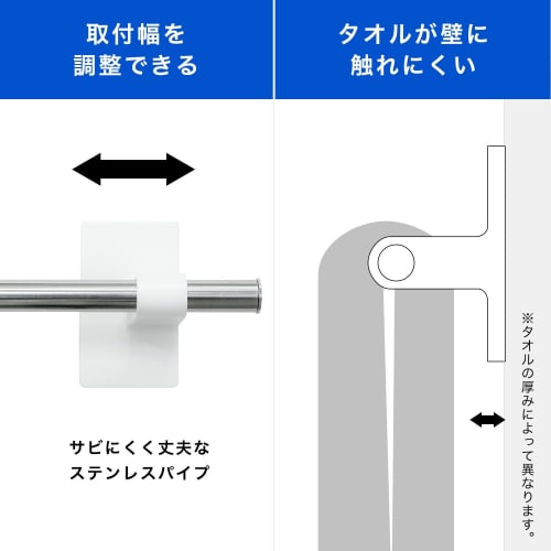 Adhesive towel rack, 40cm long (36cm wide), 2kg weight capacity, wood screws included, waterproof sheet included, face towel size