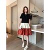 Summer new medium and long contrasting color dress women's fake two-piece temperament splicing a-word skirt