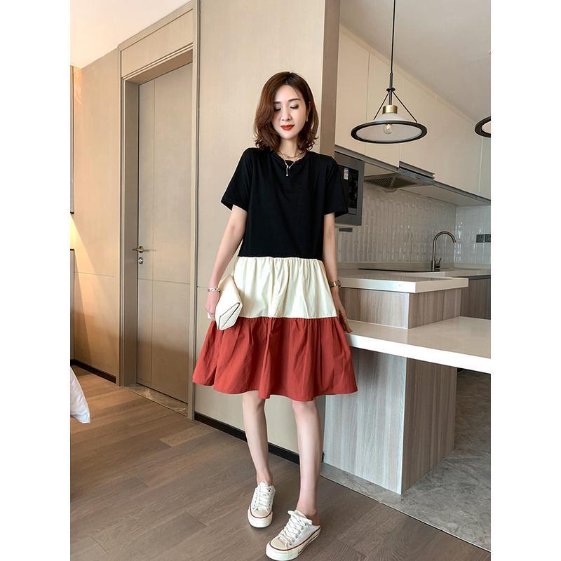 Summer new medium and long contrasting color dress women's fake two-piece temperament splicing a-word skirt